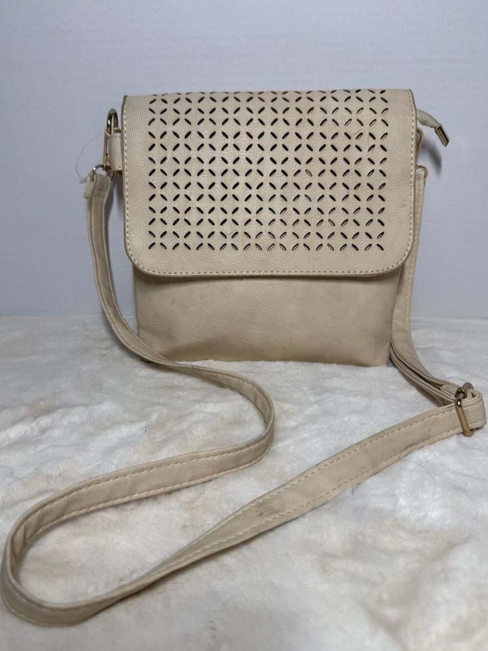 J. Francis Cream Faux Leather Laser Cut Flap Crossbody Bag